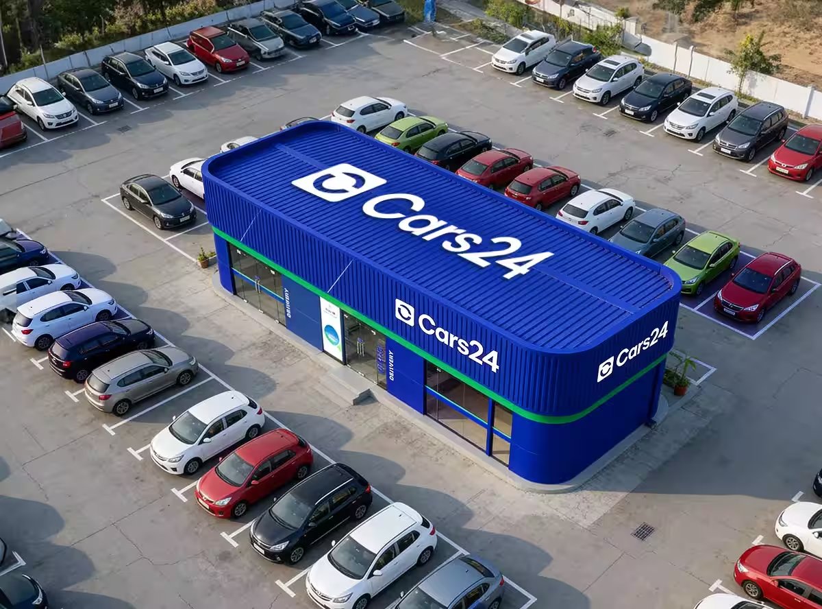 A Cars24 hub in the new blue identity