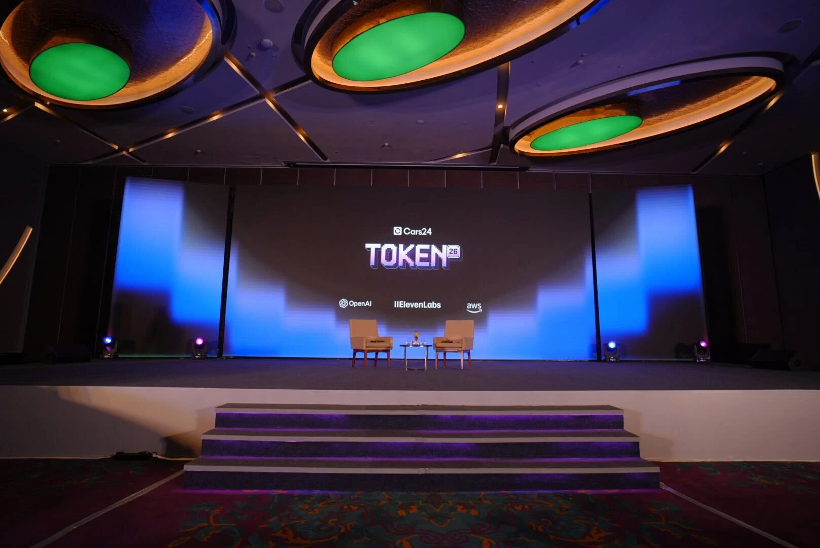 Token 26 stage with Cars24, OpenAI, ElevenLabs and AWS logos
